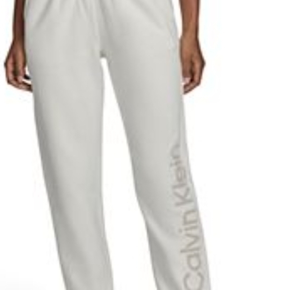 Calvin Klein White Jogger Pants with Silver Logo On Leg Mens Medium W Drawstring
